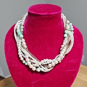 3 for $20 ✨ Multi-Strand Faux Pearl & Mint Bead Statement Necklace
